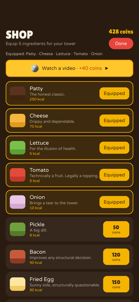 The shop — equip five ingredients for your tower