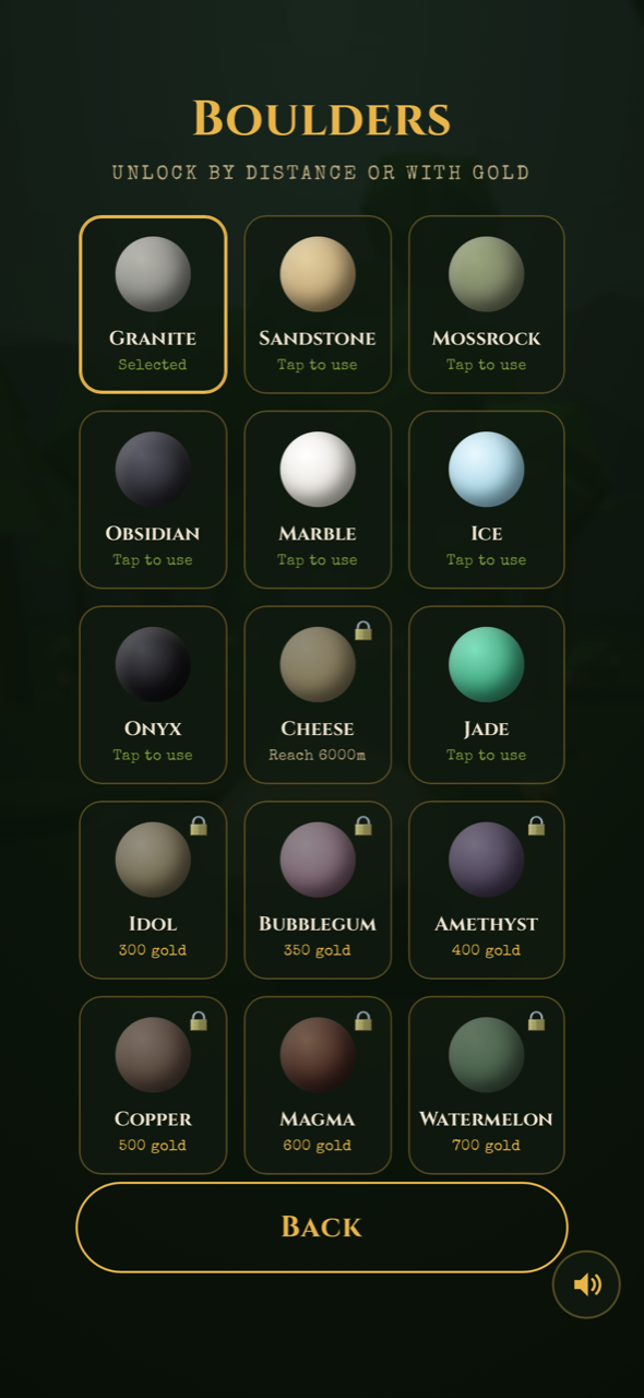 Boulders screen — unlock Granite to Watermelon by distance or gold