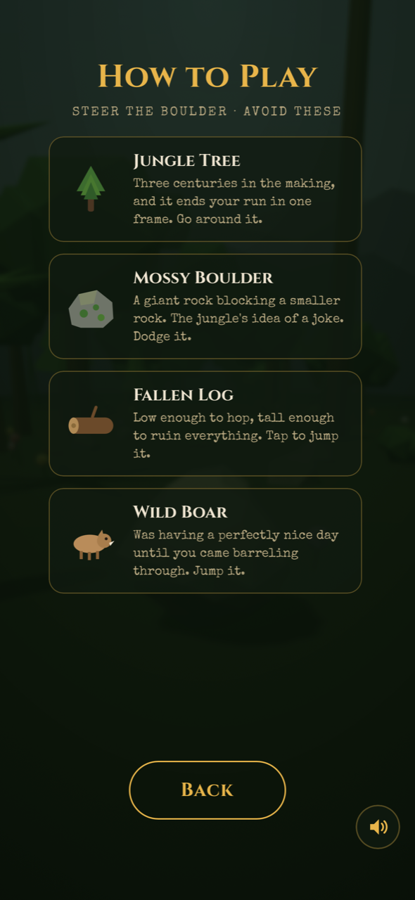 How to play — jungle trees, mossy boulders, fallen logs, wild boars