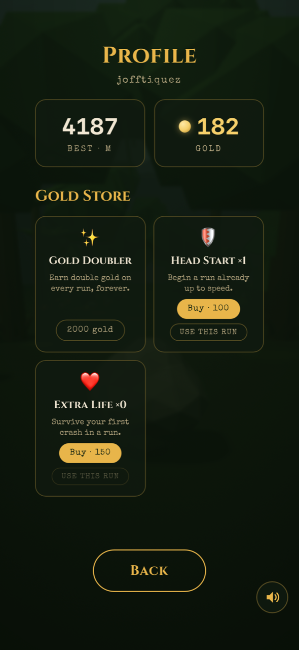 Profile and gold store — head starts, extra lives, gold doubler