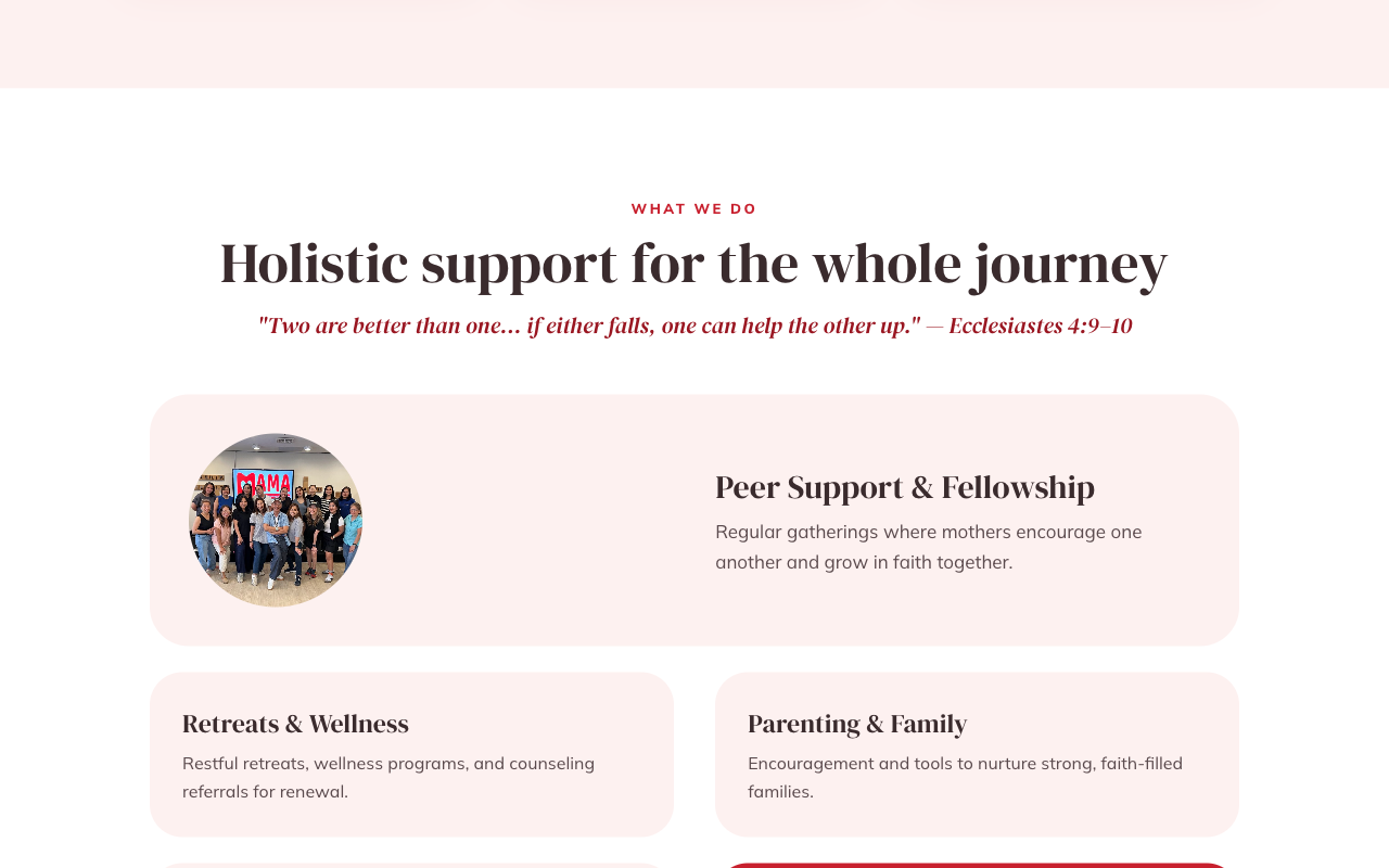 What We Do section — peer support, retreats, parenting programs