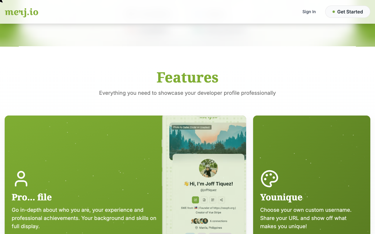 Features — profile, custom username, and more